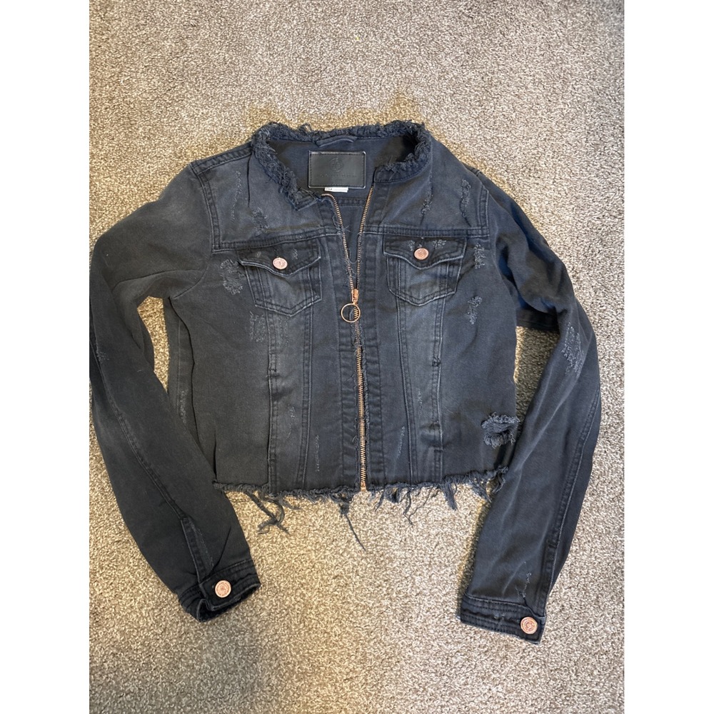 Boom Boom Jeans Denim Jacket Medium Black Excellent Distressed Cropped Zip